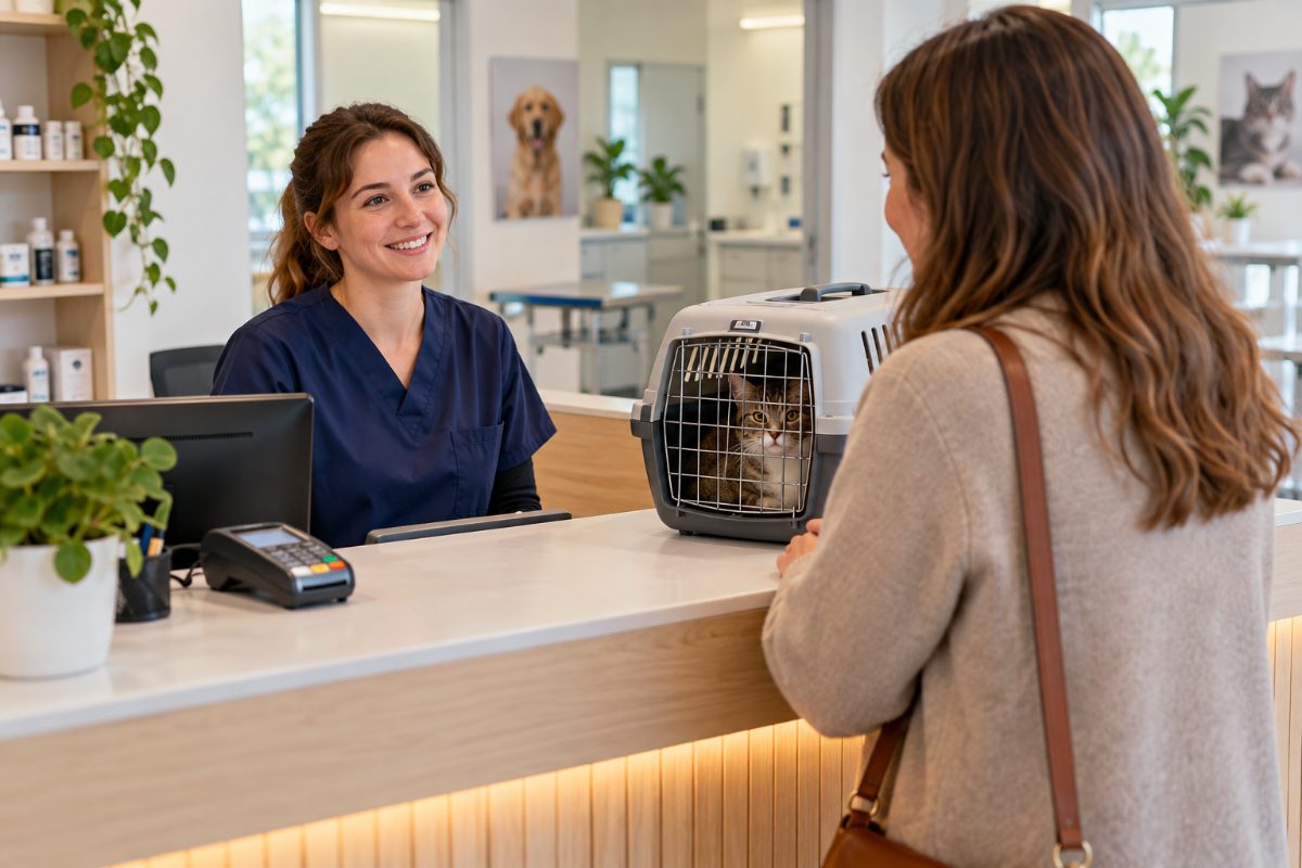 Accueil d’une clinique vétérinaire : cliente avec un chat en cage de transport