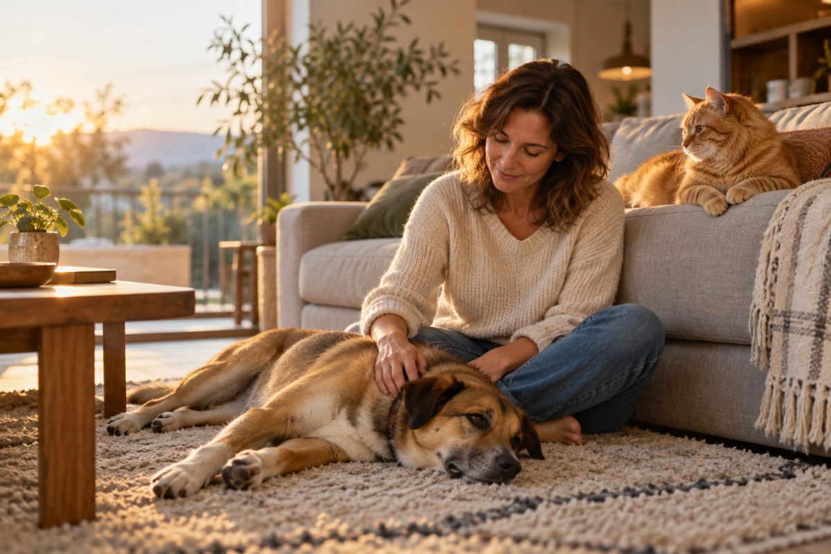 Un chien et un chat dans le salon de leur maître