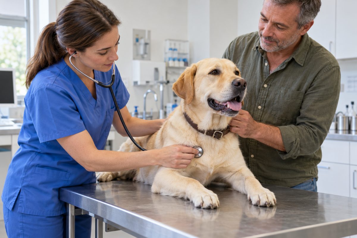 Consultation vétérinaire : examen d’un labrador par une vétérinaire
