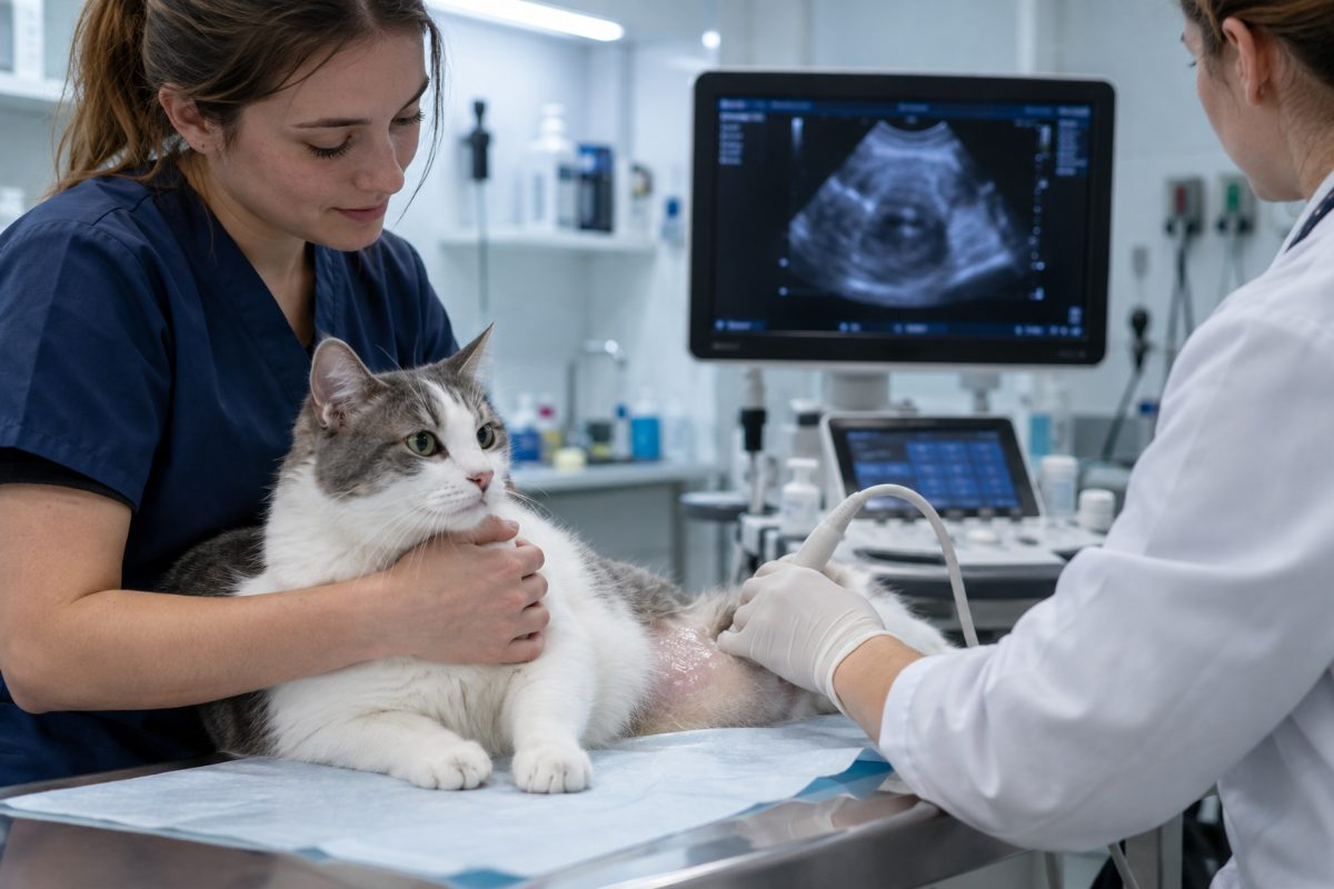 Échographie vétérinaire sur un chat tenu par une assistante