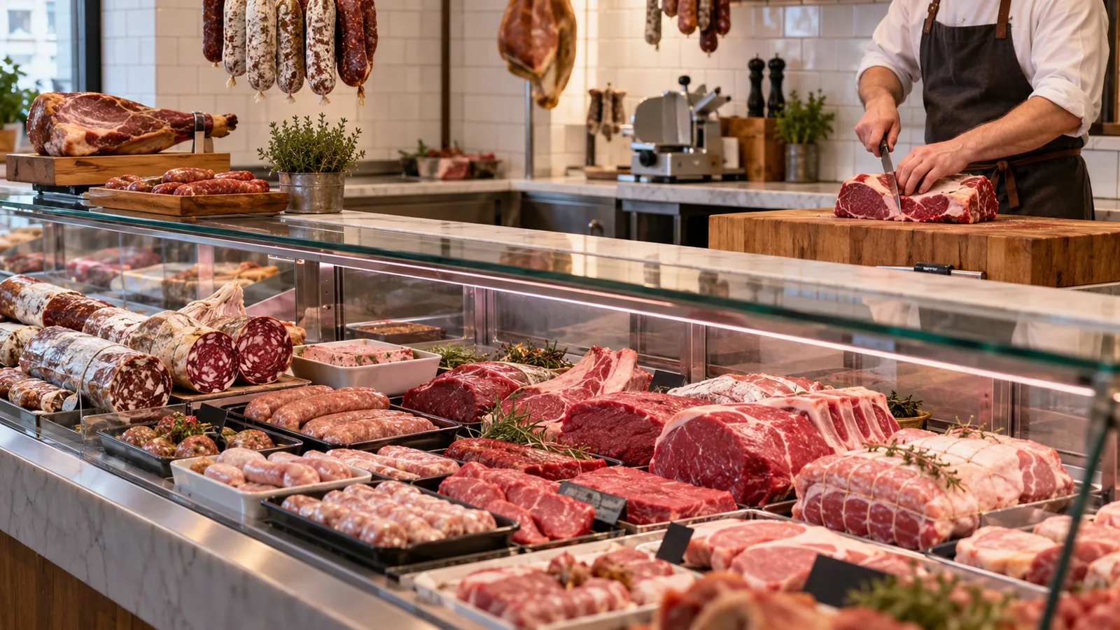 Comptoir réfrigéré d’une boucherie artisanale : assurance boucherie-charcuterie