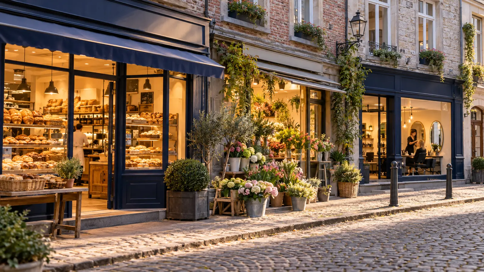 Rue commerçante avec boulangerie, fleuriste et salon de coiffure : assurance pour commerçants et artisans