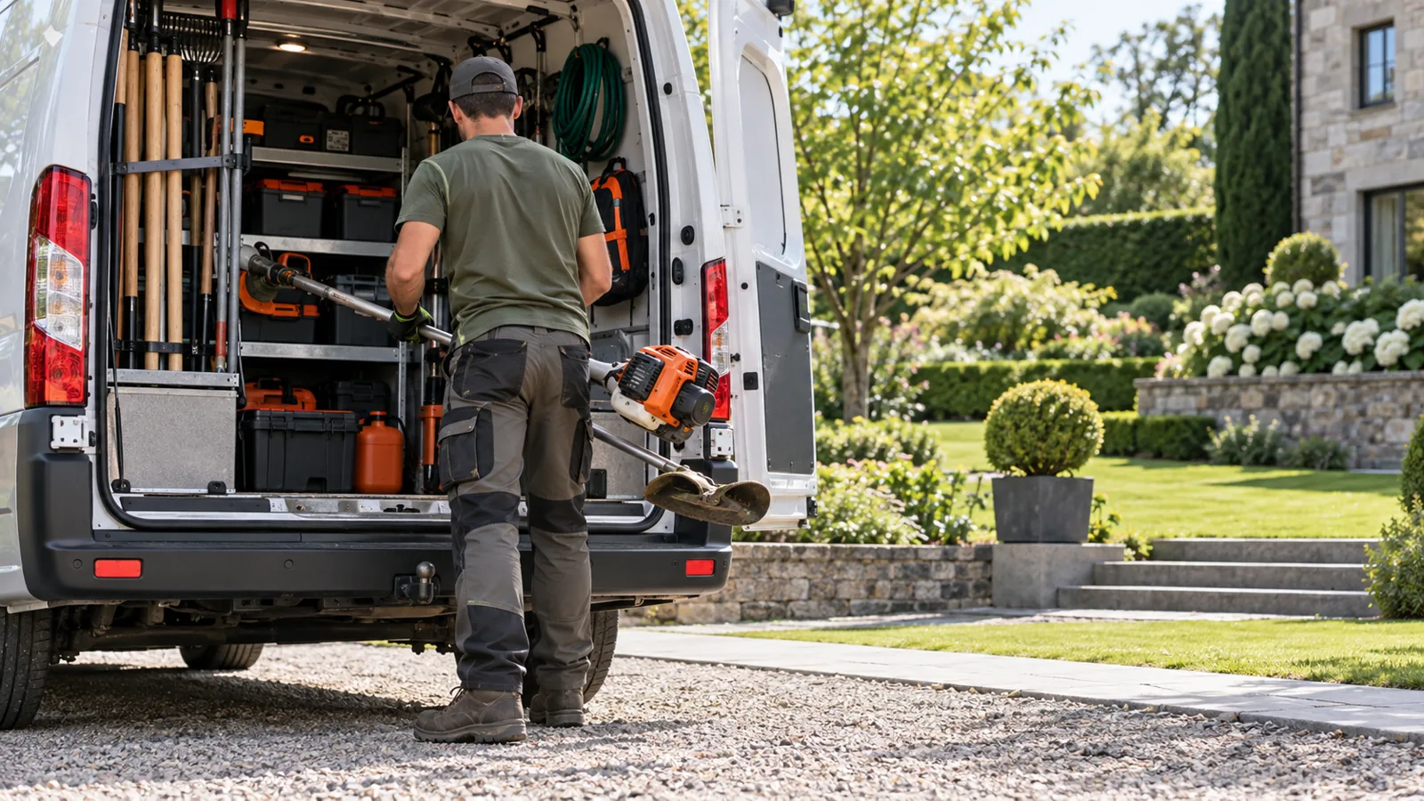 Jardinier chargeant son matériel dans sa camionnette : assurance entrepreneur de jardin