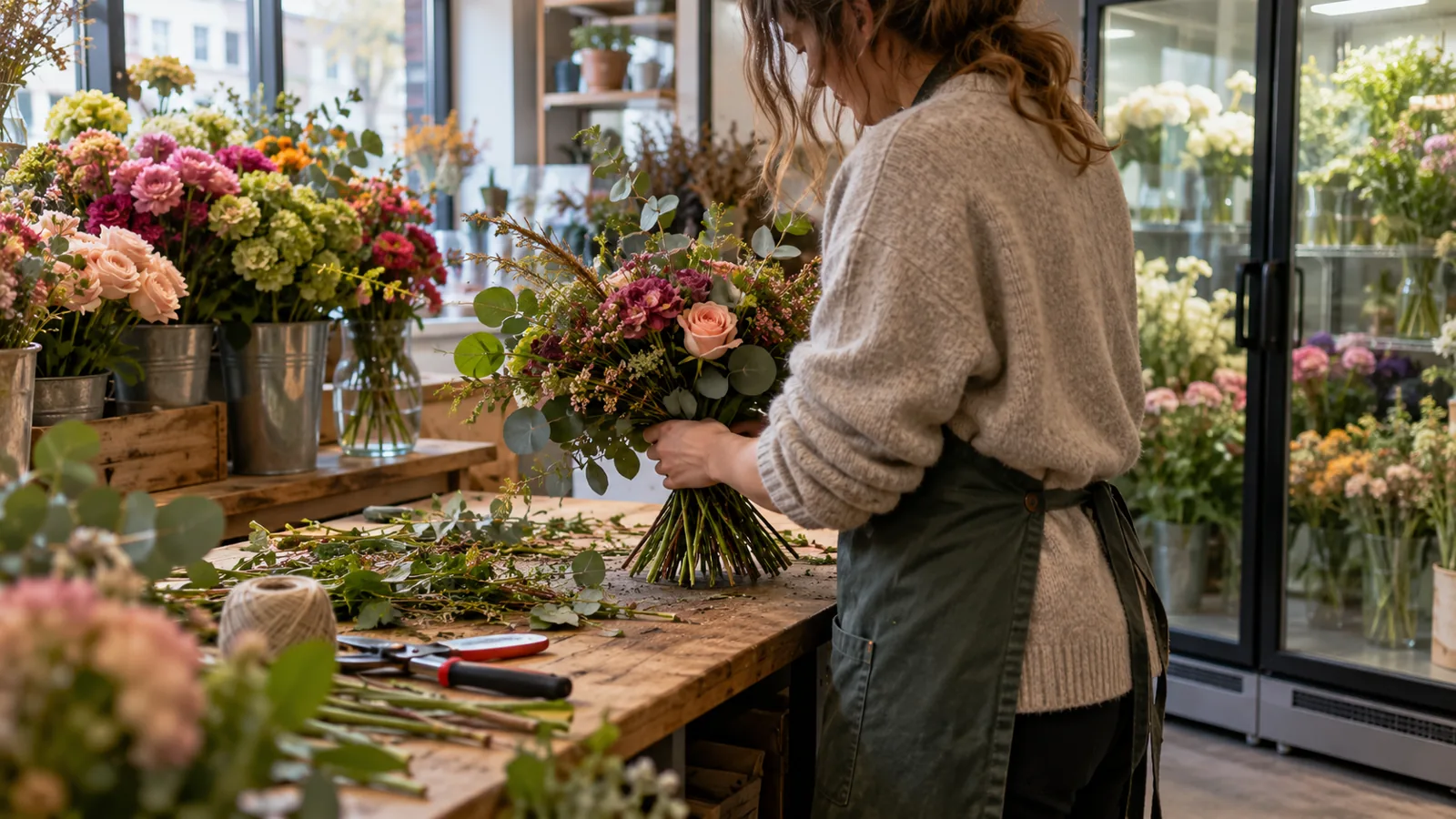 Fleuriste composant un bouquet dans sa boutique : assurance fleuriste
