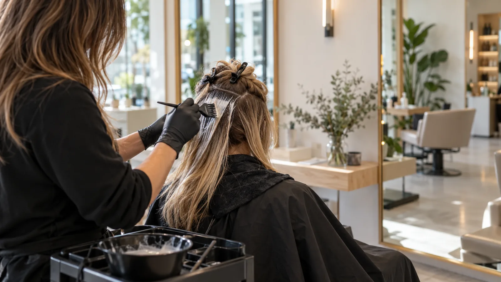 Coiffeuse gantée appliquant une coloration dans un salon : assurance salon de coiffure